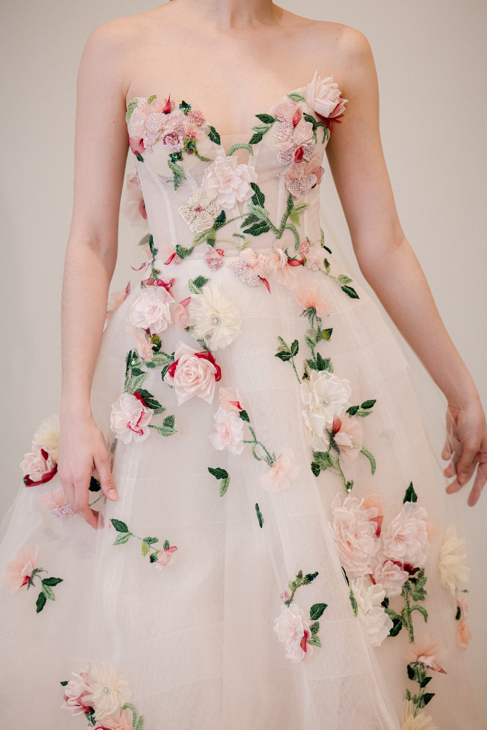 Monique Lhuillier designer bridal fashion 2024 floral wedding dress corset wedding dress sheer wedding dress NYFW
