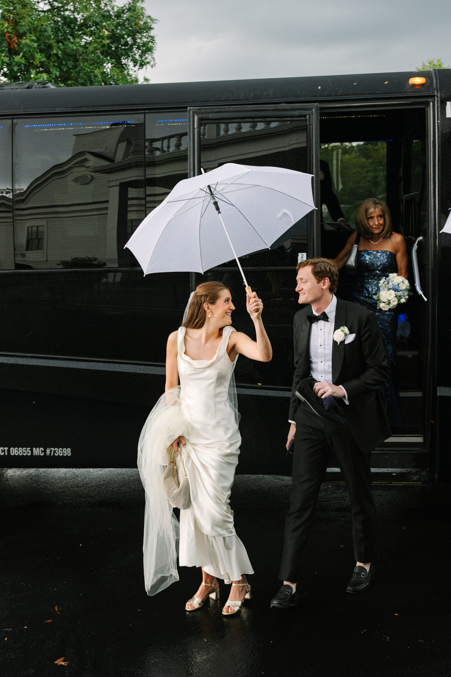 Bride Wearing Modern Slip Wedding Dress for Hamptons Wedding