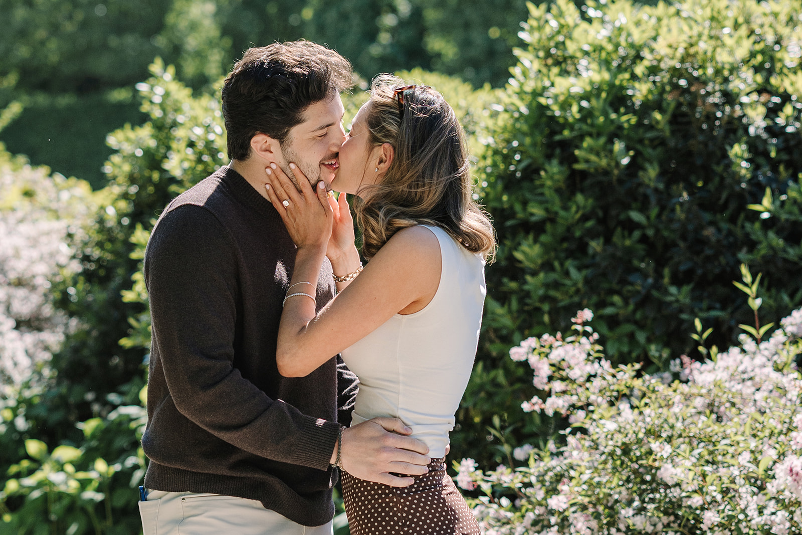 Couple Embracing After Proposal in Garden at Musée Rodin Paris