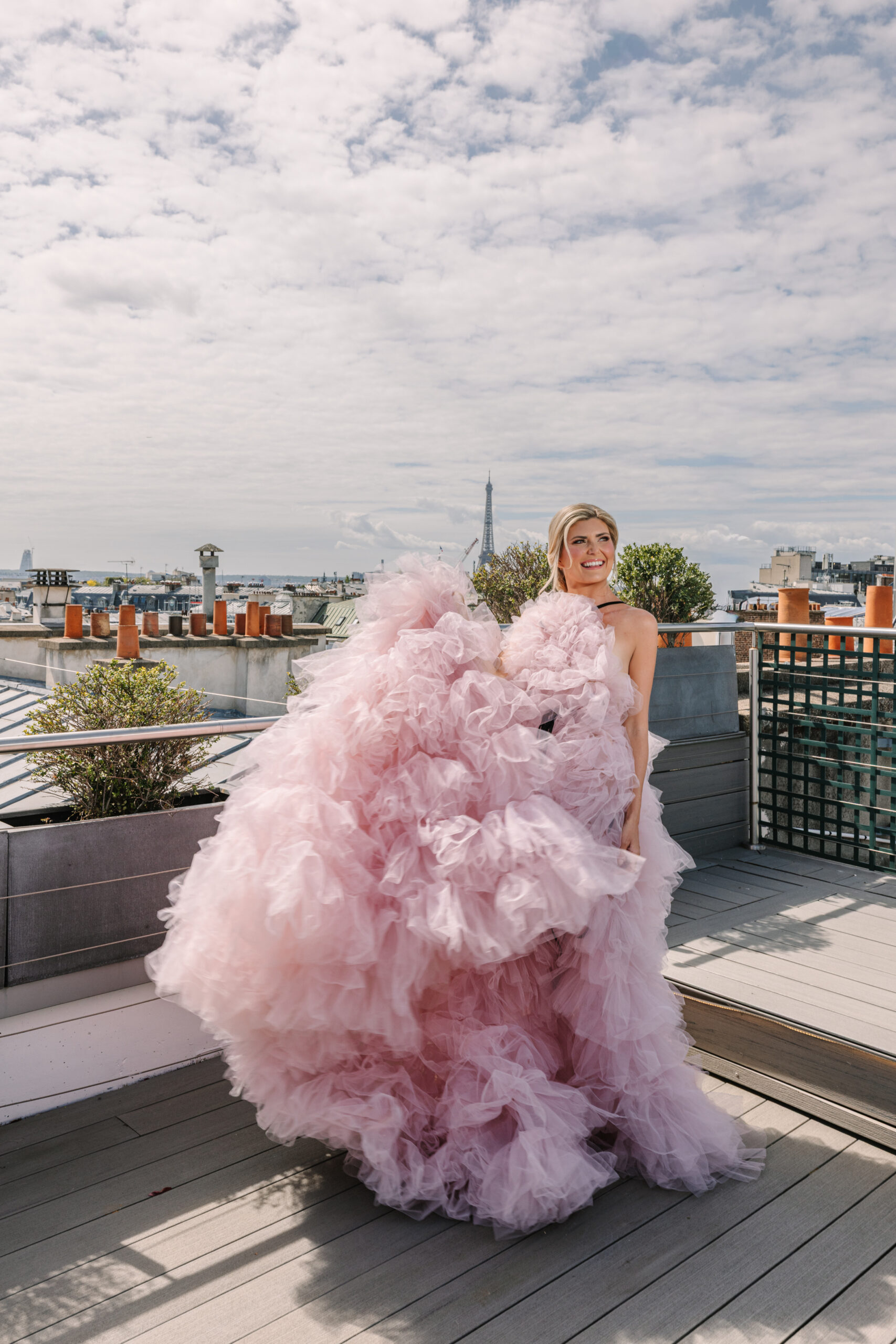 Bride to be Wearing Layered Pink Tulle Dress for Parish Engagement Photos